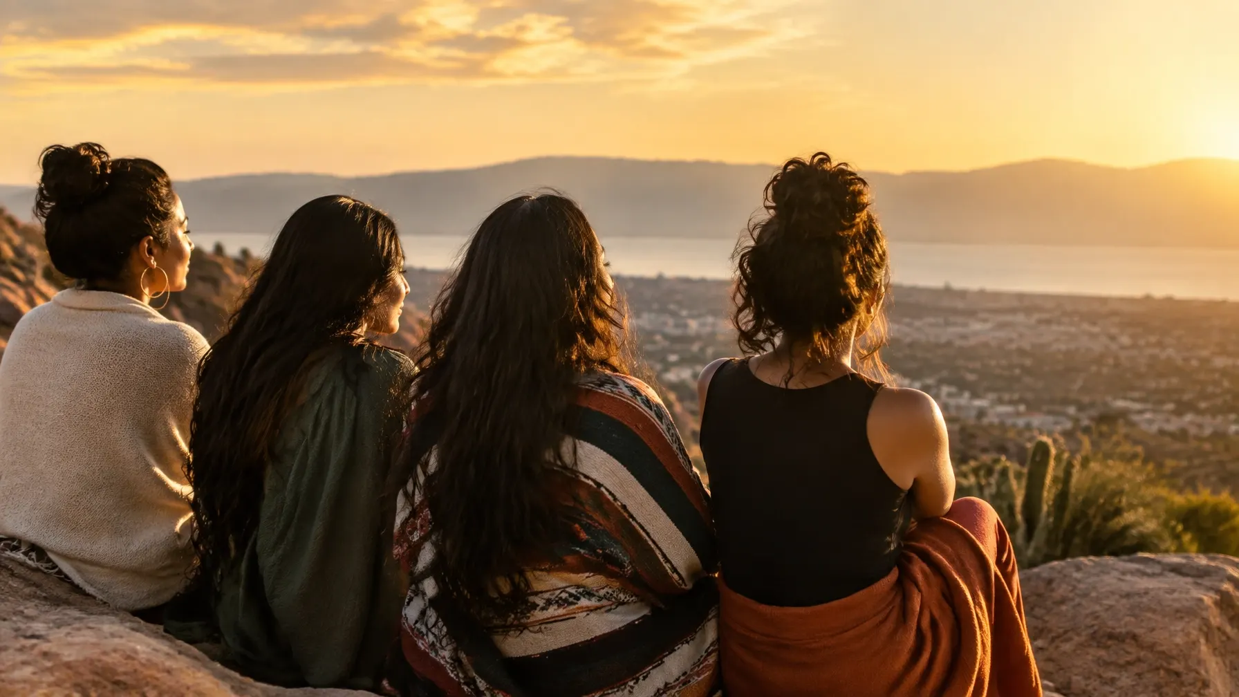 Four Latina women sitting together above a sunlit city